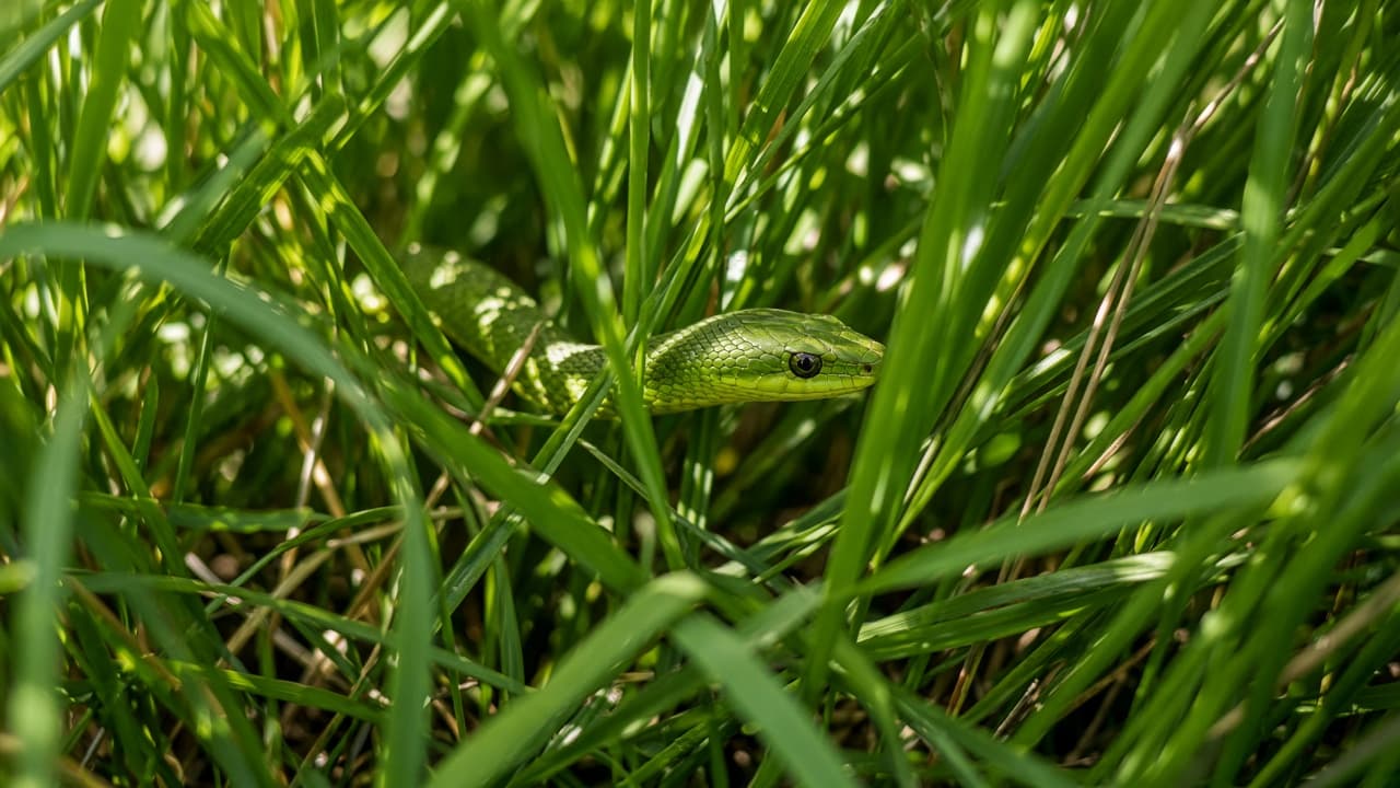 A green snake camouflaged in grass in a dream