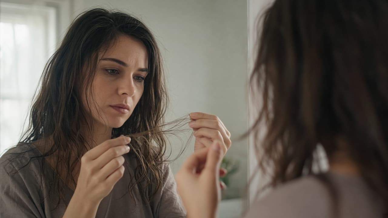 Hair coming away in a person's hands at a bathroom mirror