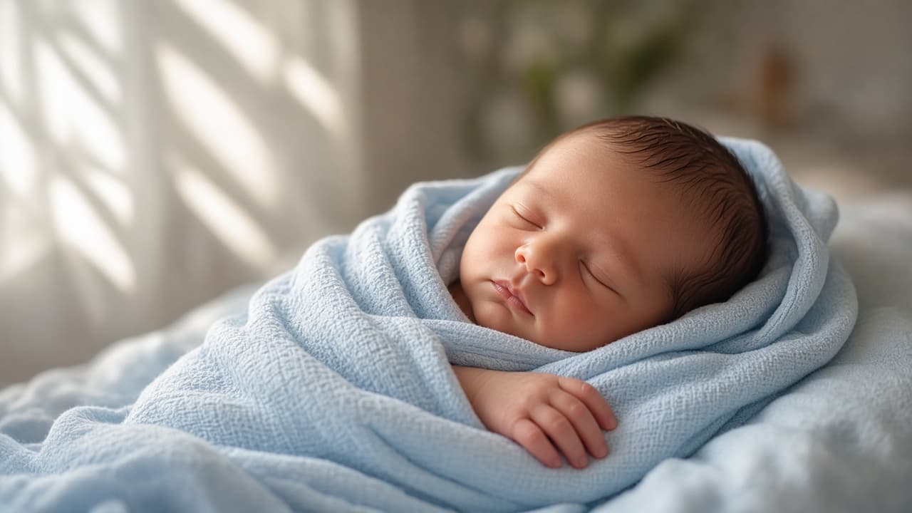 A sleeping newborn wrapped in a pale blue blanket