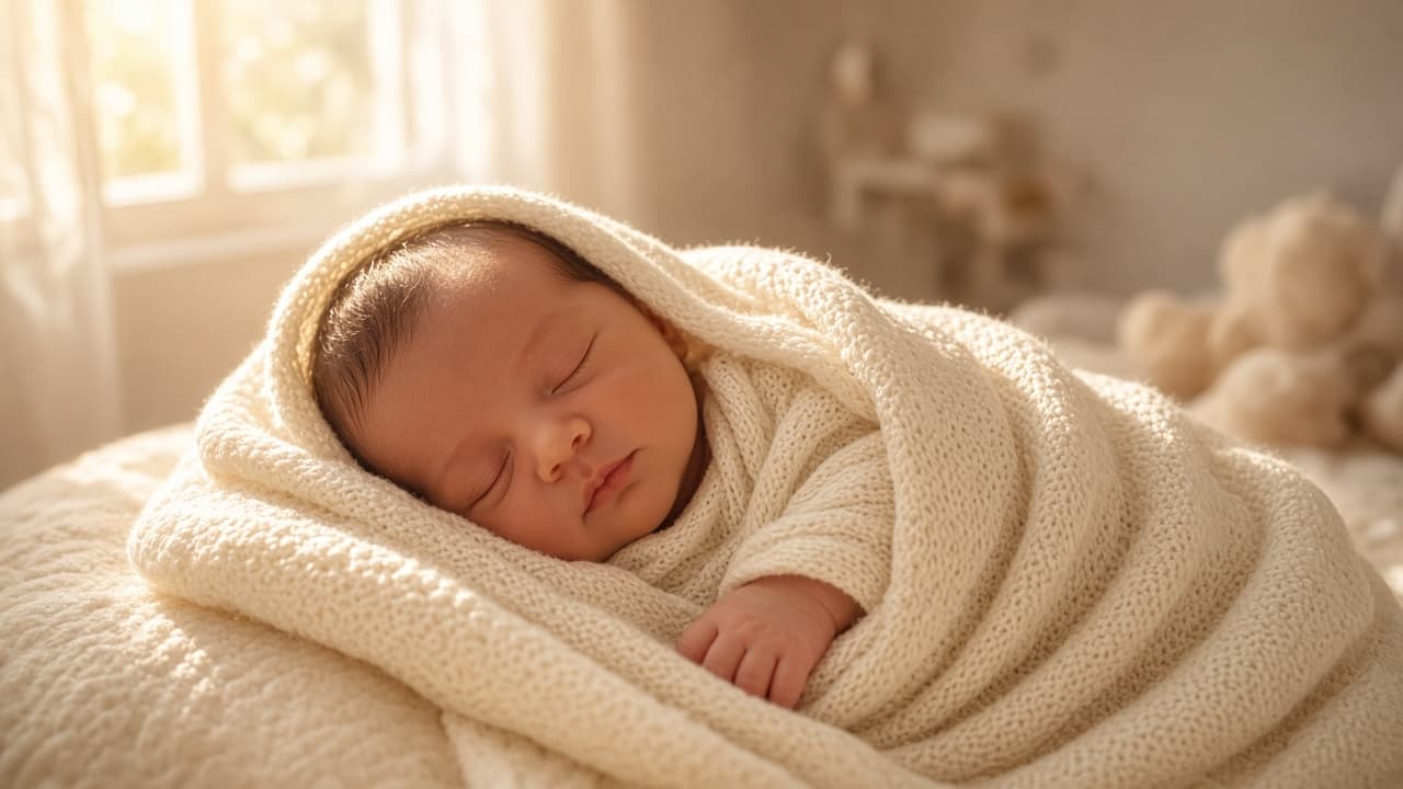 A sleeping newborn wrapped in a cream blanket in a nursery