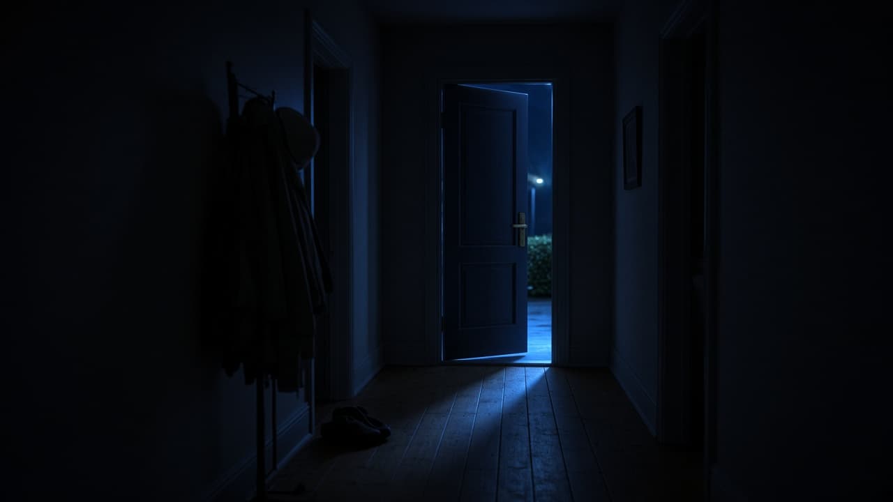 A front door left open at night in a dream