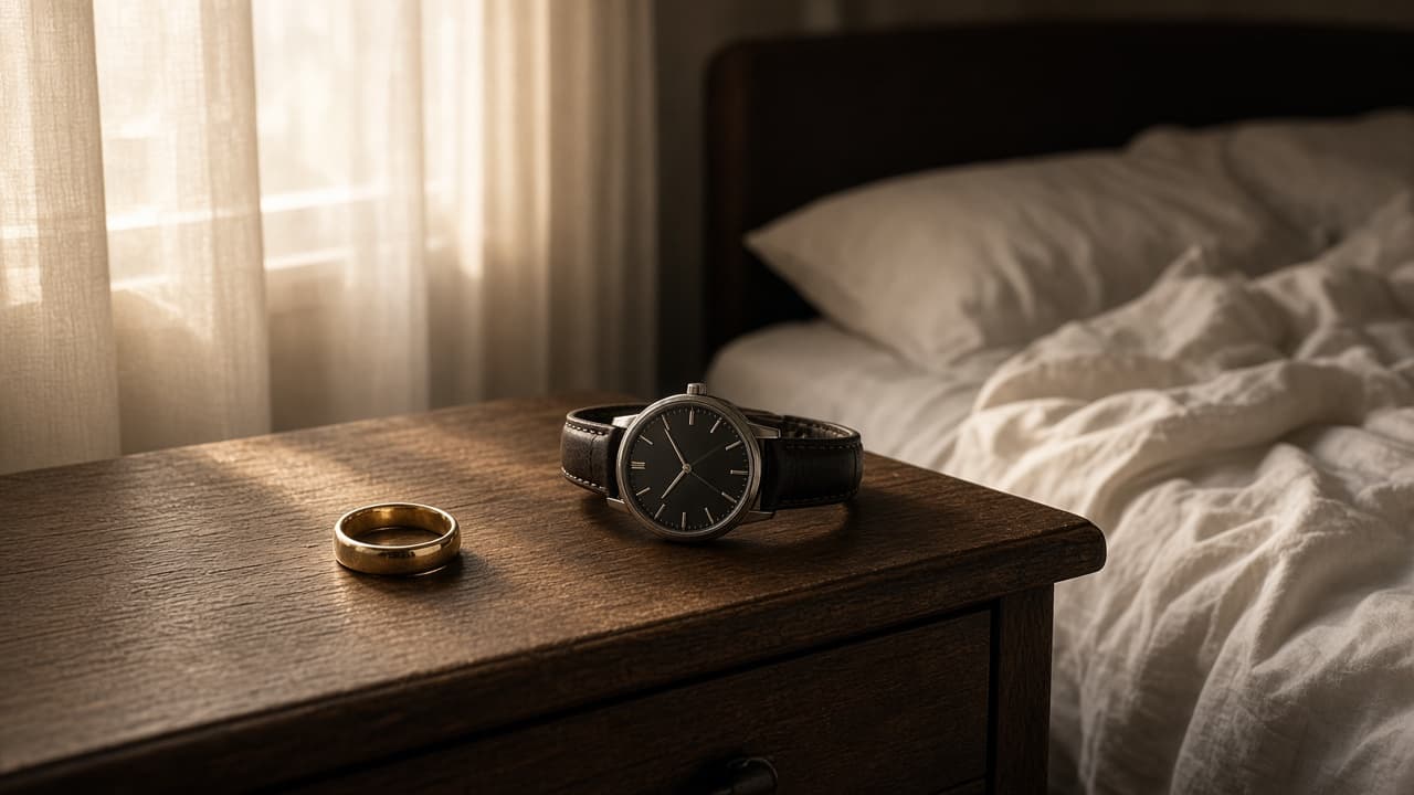 A wedding ring left beside an empty bed in a dream