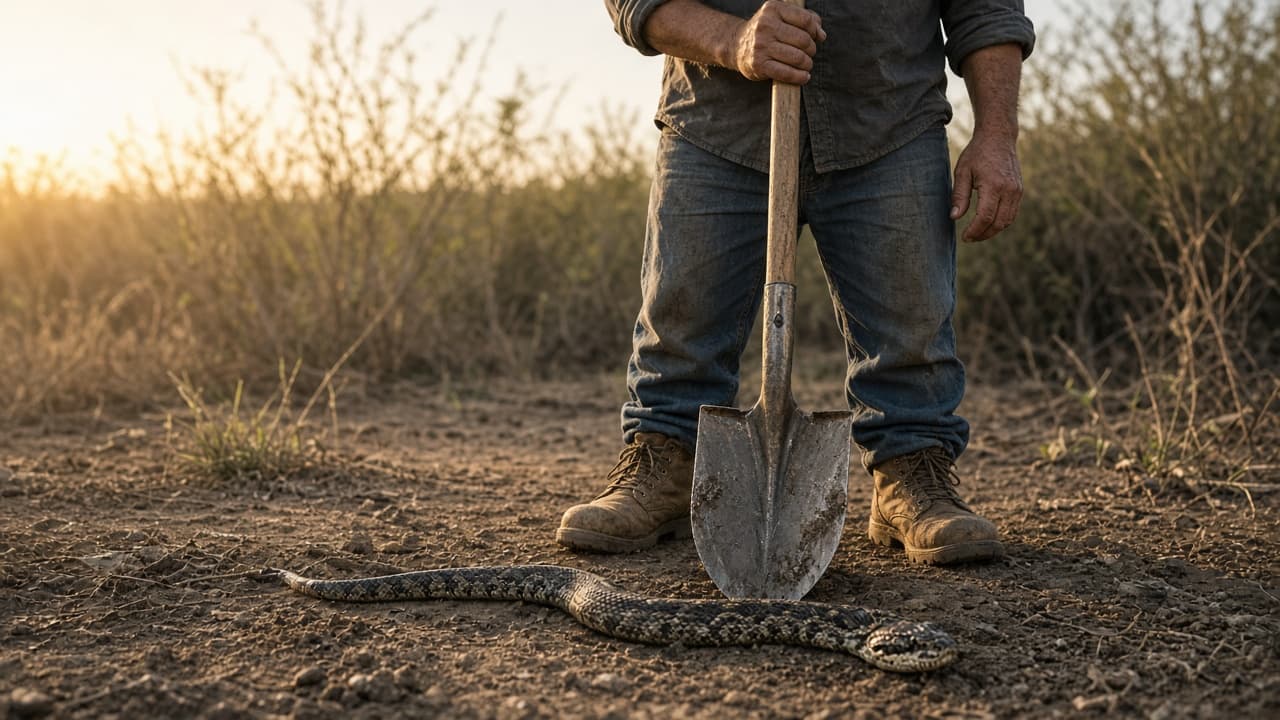 A person standing over a dead snake with a shovel in a dream