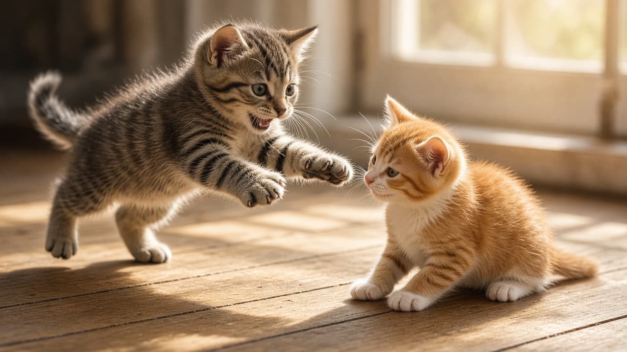 Two kittens playing on a sunlit wooden floor