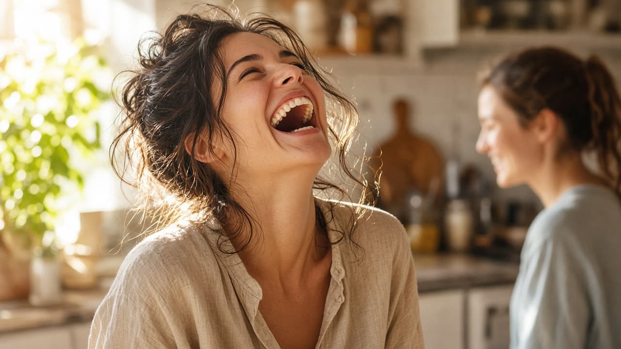 A person laughing in a sunlit kitchen