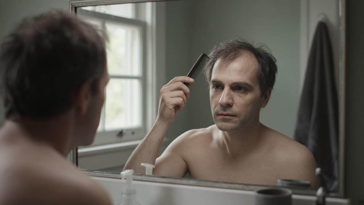 A person noticing thinning hair in a bathroom mirror