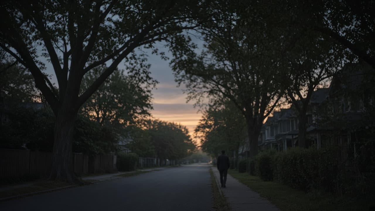 An unidentified man standing on a quiet street at dusk