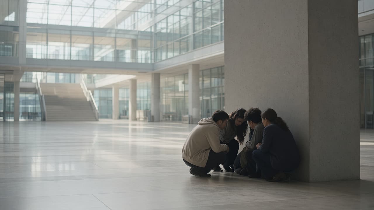 People hiding behind a pillar in a public hall in a dream