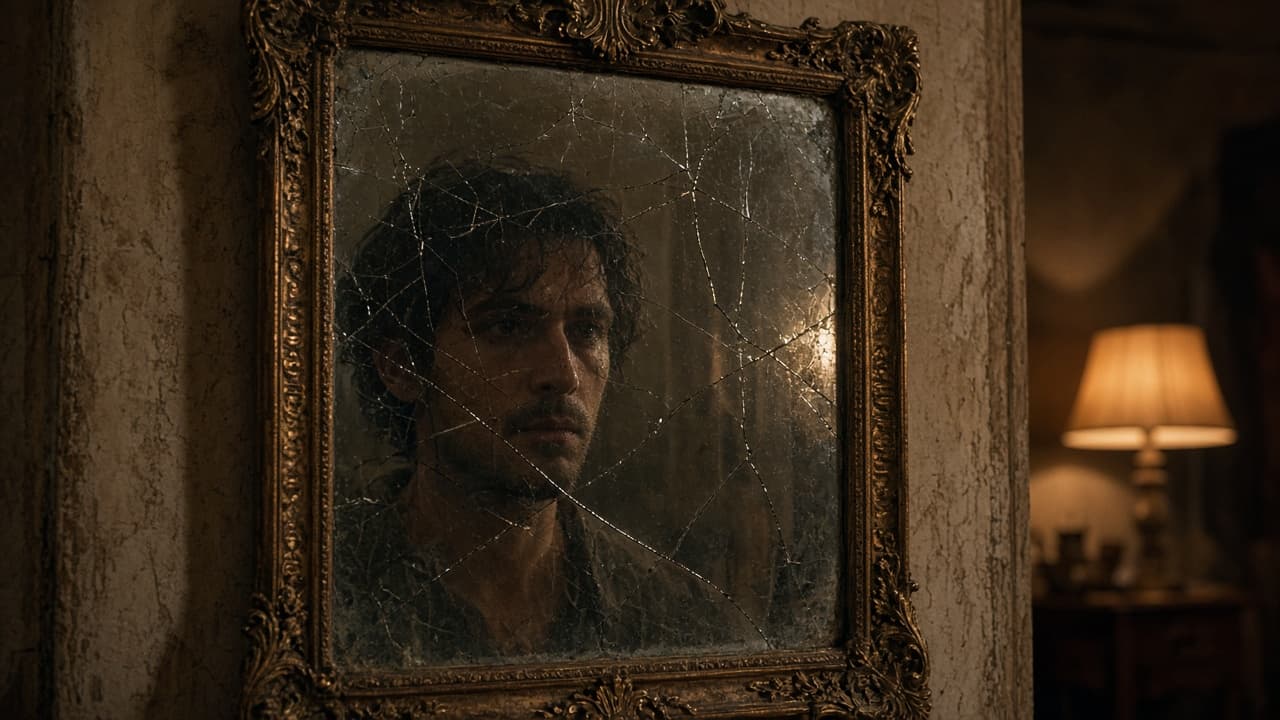 An ornate mirror with a distorted reflection in a dream