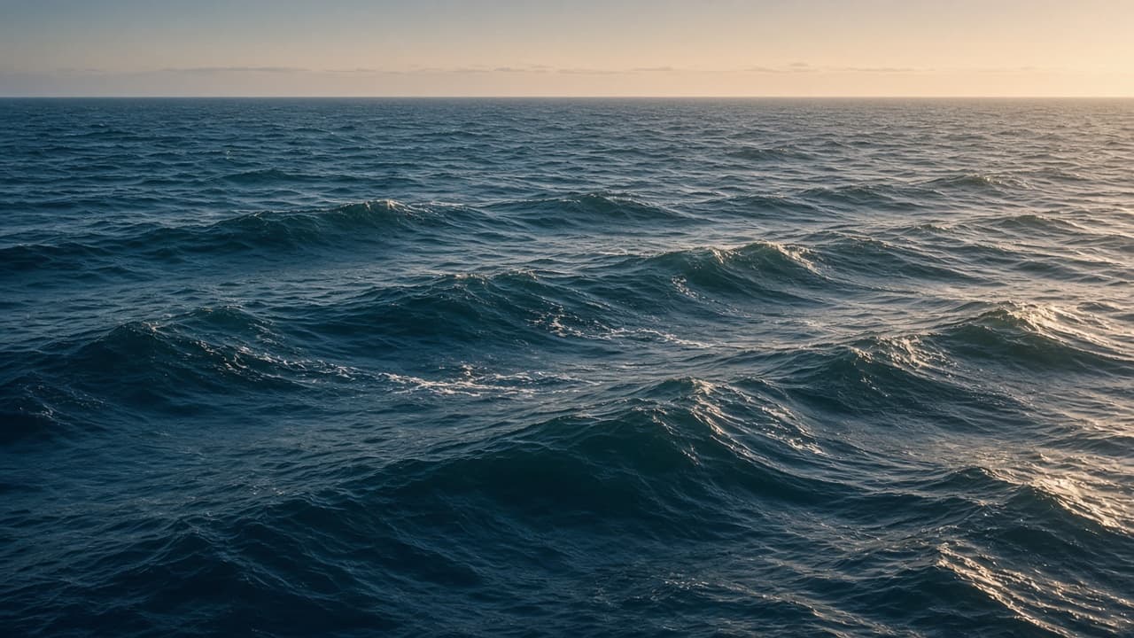 Open ocean waves toward a low horizon in a dream