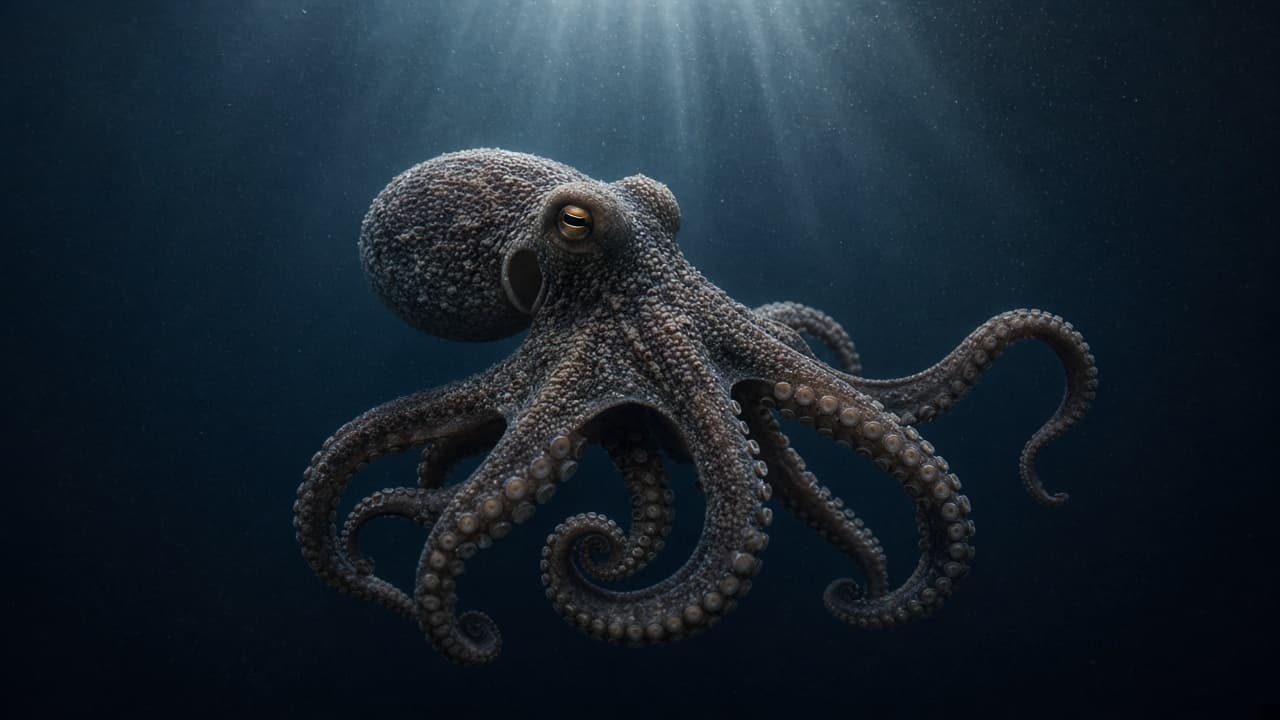 An octopus with spreading tentacles underwater in a dream