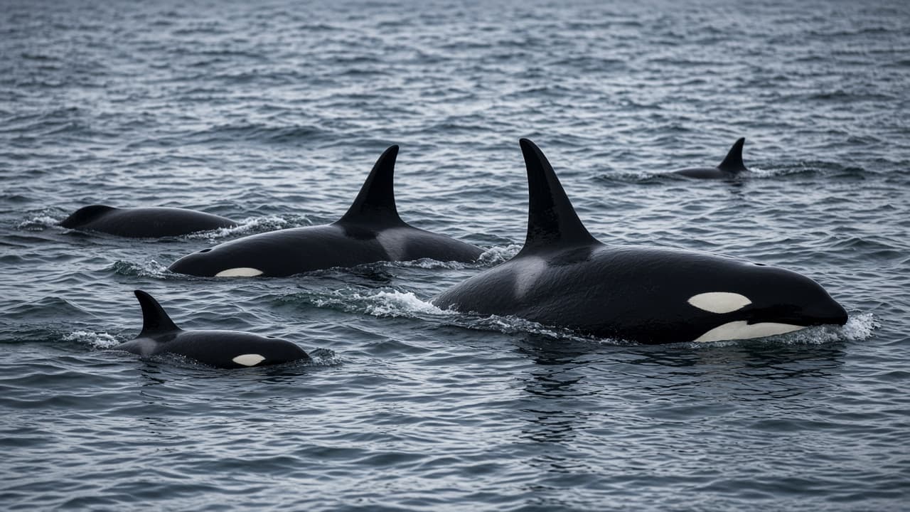 A pod of orcas swimming near the ocean surface in a dream