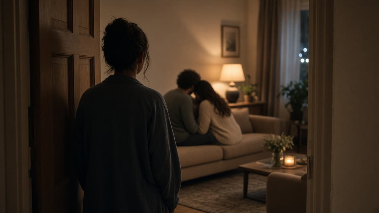A person in a doorway looking into a lamplit living room