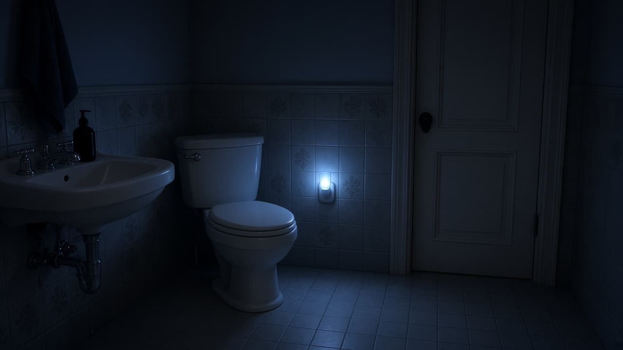A dim bathroom at night in a dream