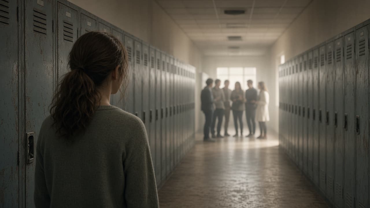 A school hallway with people from years ago standing at the far end in a dream