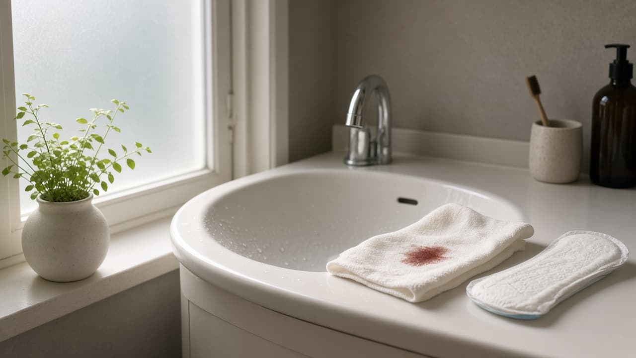 Menstrual blood on a white cloth beside a bathroom sink in a dream
