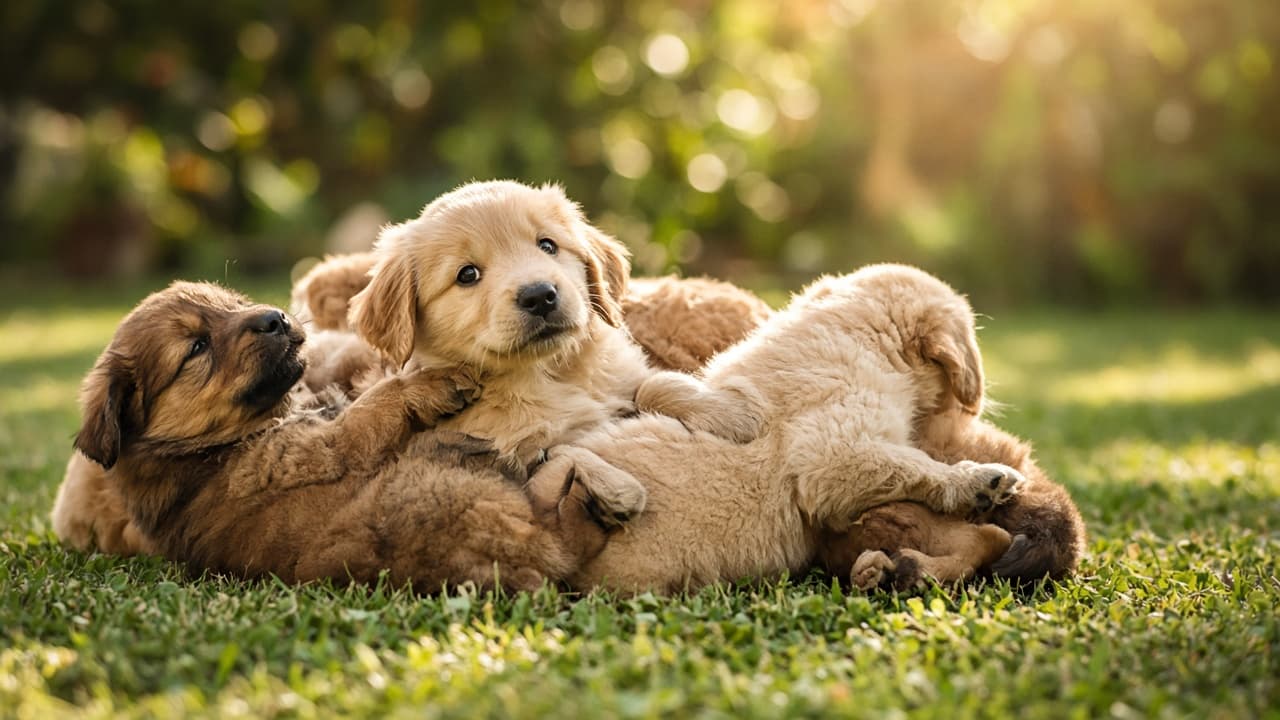 A cluster of puppies tumbling on a sunlit lawn