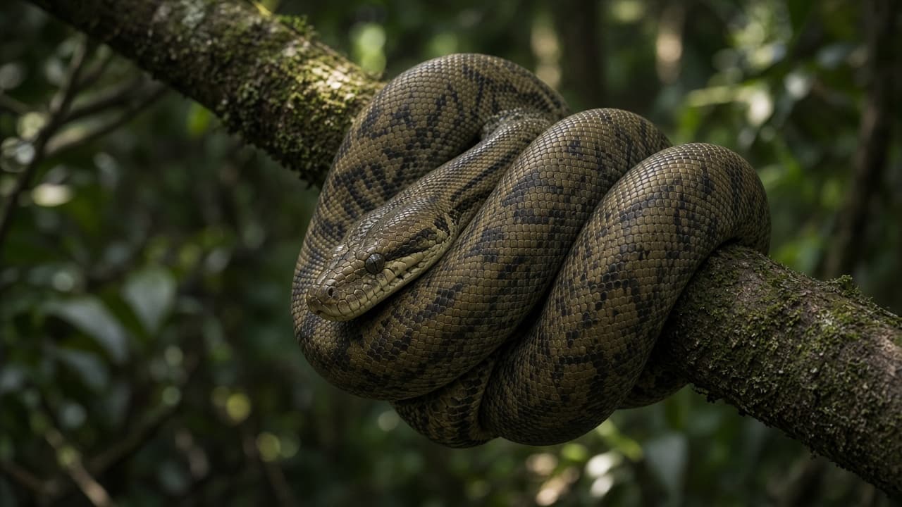 A large python coiled on a tree branch in a dream