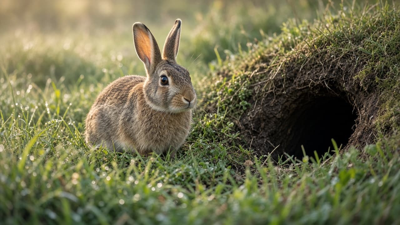A rabbit sitting near a burrow in a dream