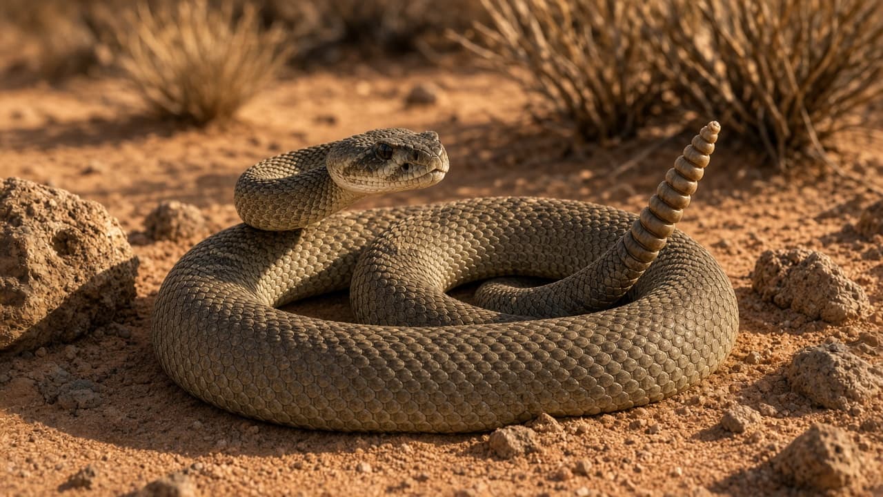 A rattlesnake coiled on desert sand in a dream
