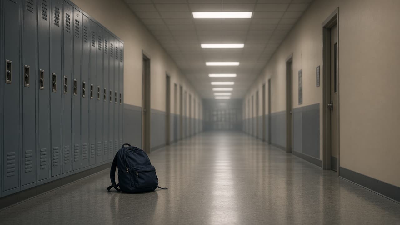 An empty school hallway in tense quiet in a dream