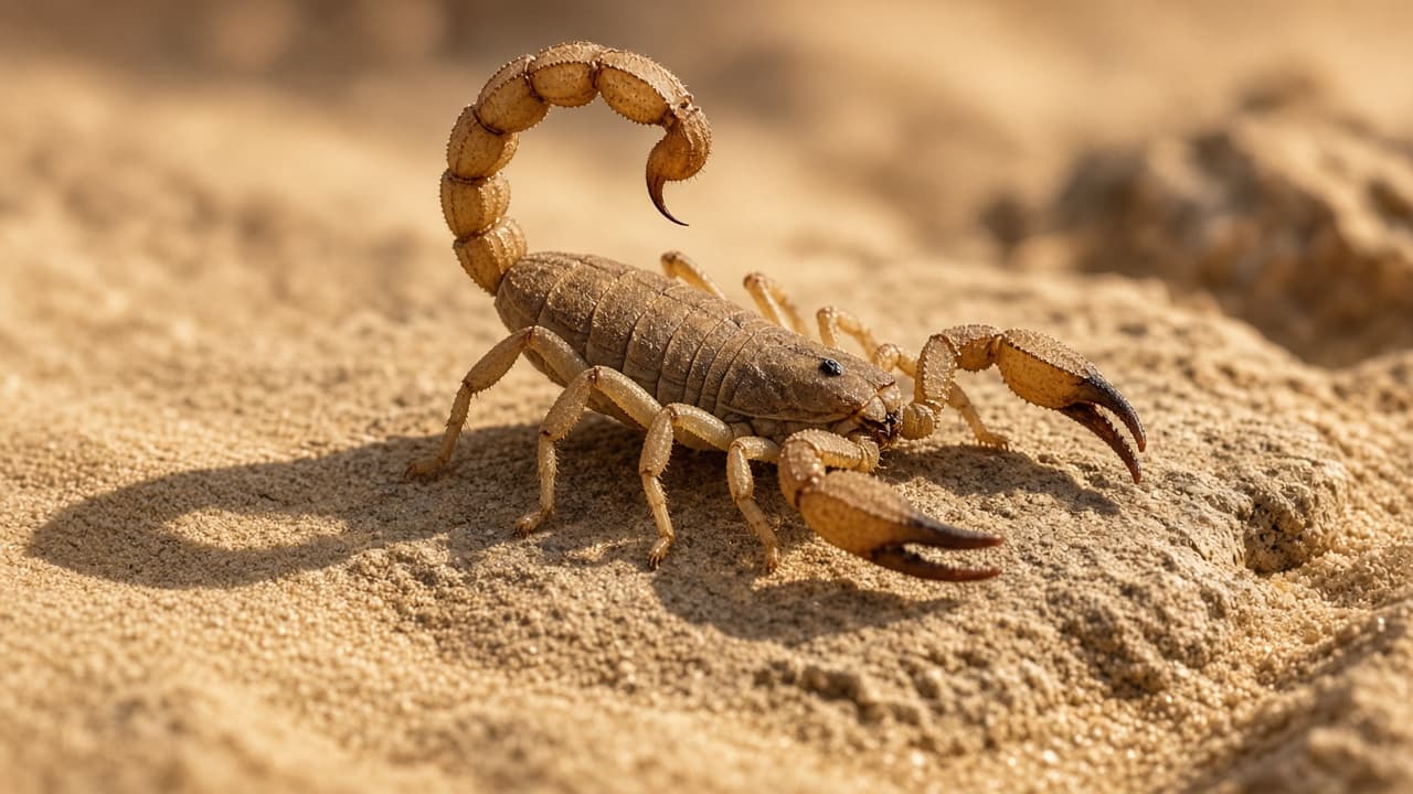 A scorpion with an arched tail in desert light in a dream