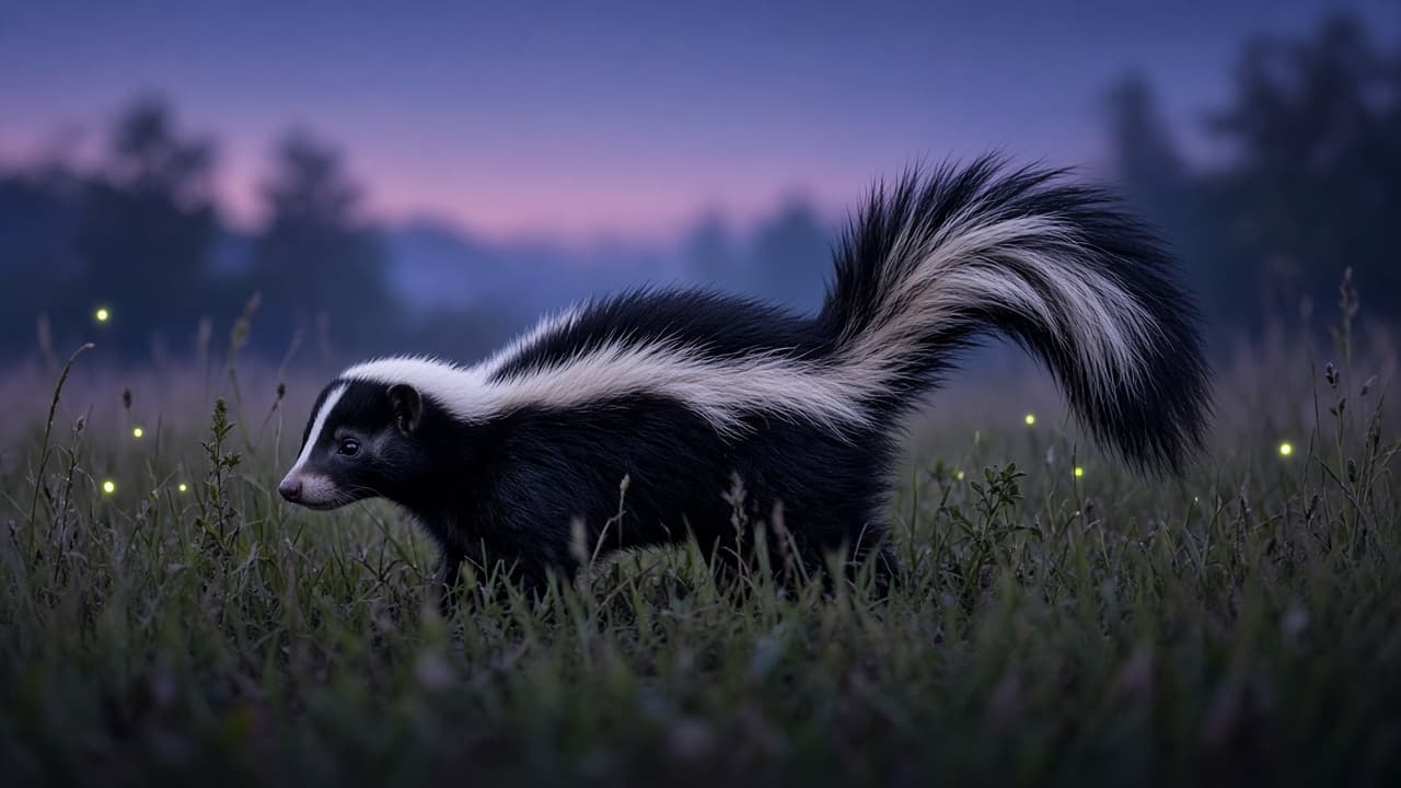 A skunk in grass at dusk in a dream