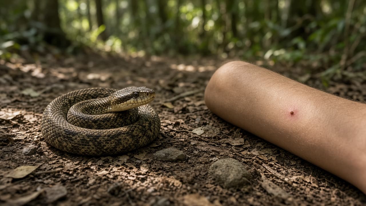 A snake on a forest path near a person's forearm