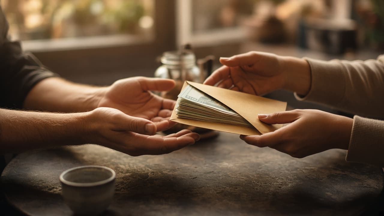 Hands exchanging an envelope of cash in a dream