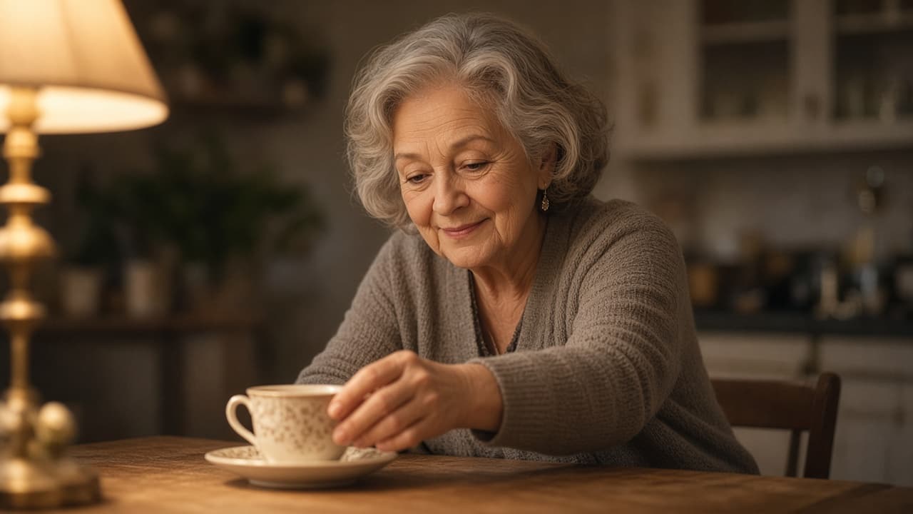 An older loved one sitting at a kitchen table in lamplight