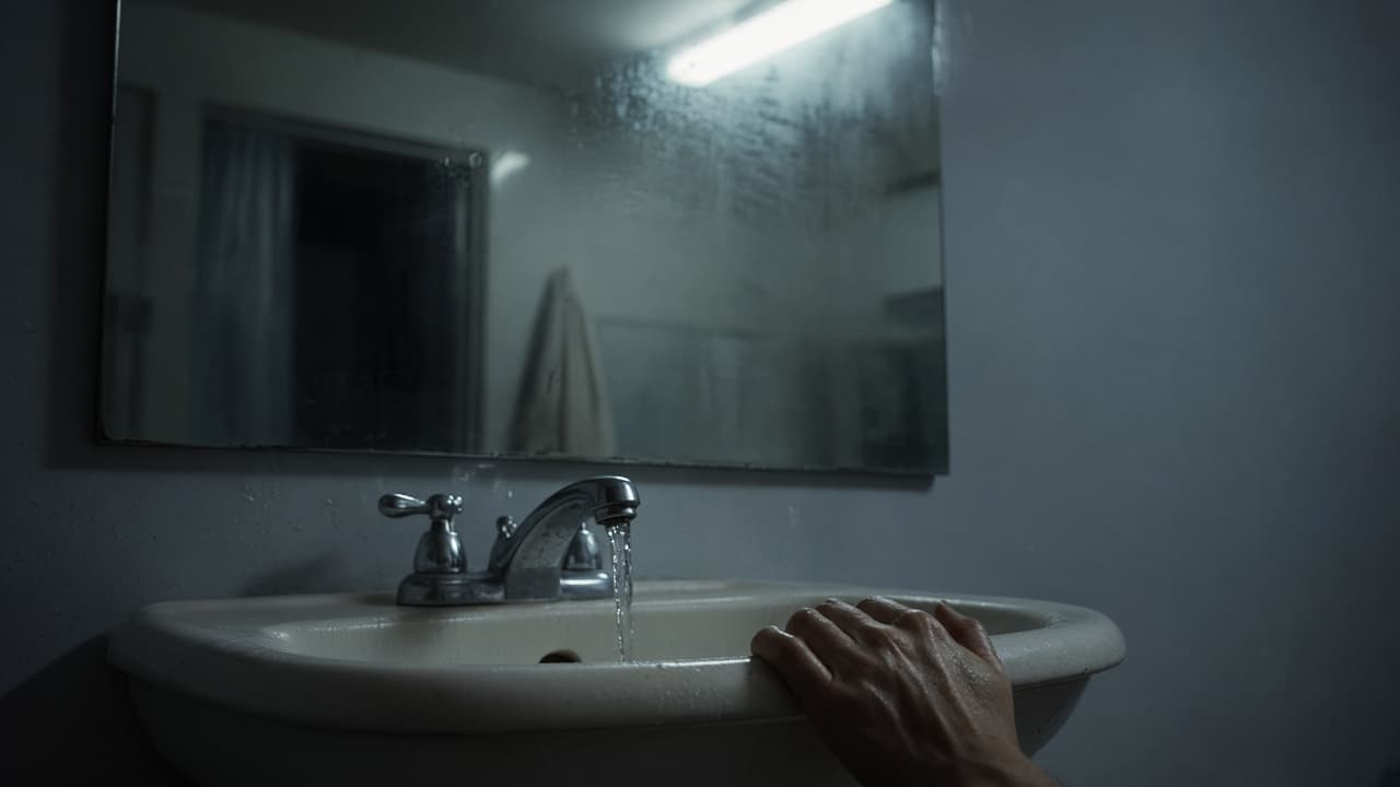 Hands gripping a bathroom sink at night in a dream