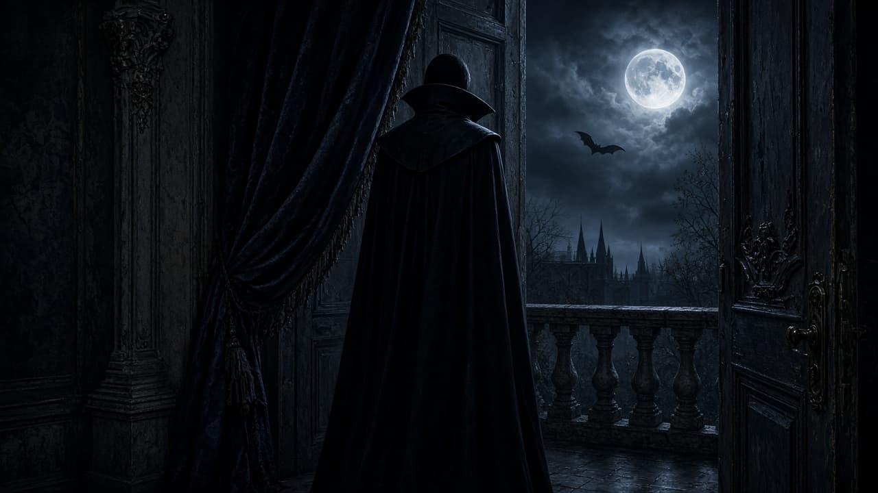A pale figure in moonlight suggesting a vampire in a dream
