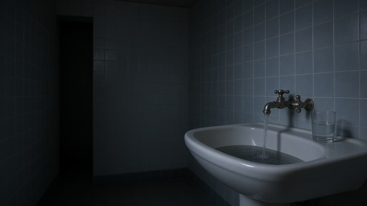 A bathroom sink as a quiet aftermath of sickness in a dream