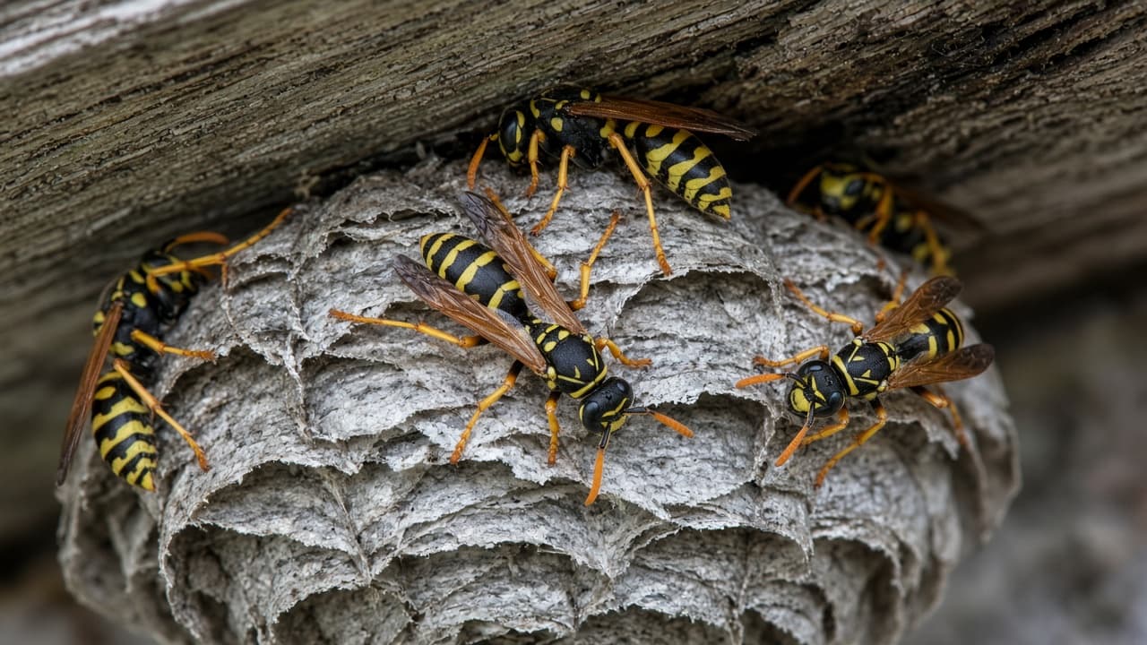 Wasps around a nest on a building eave in a dream