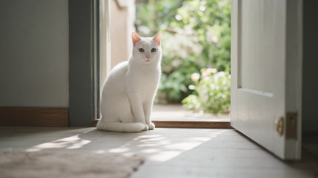 A white cat sitting in a doorway in a dream
