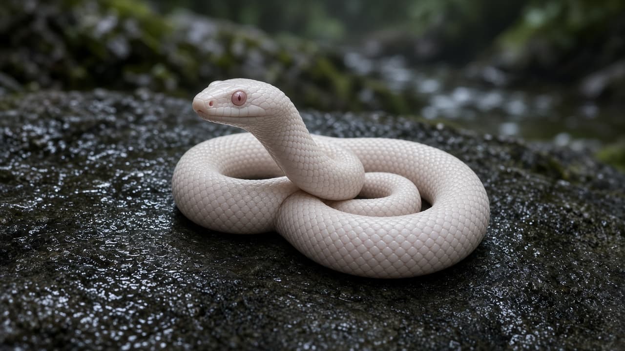 A pale white snake coiled on dark stone in a dream
