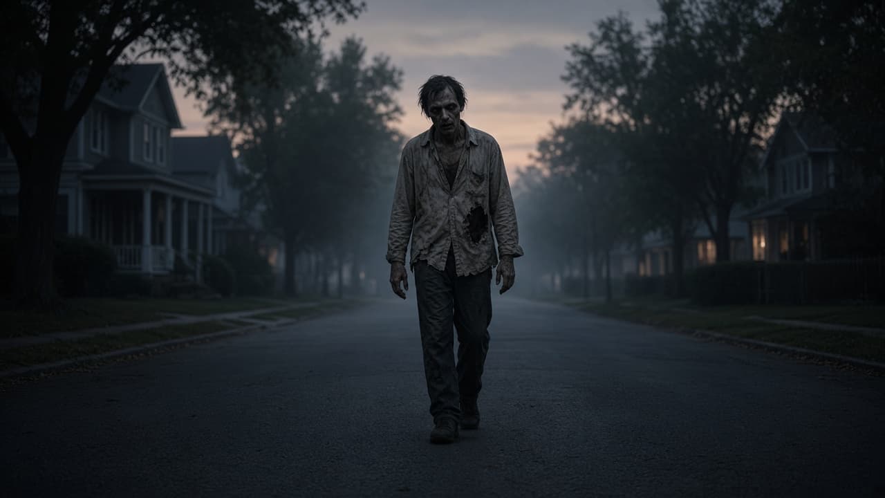 A zombie walking down an empty street in a dream
