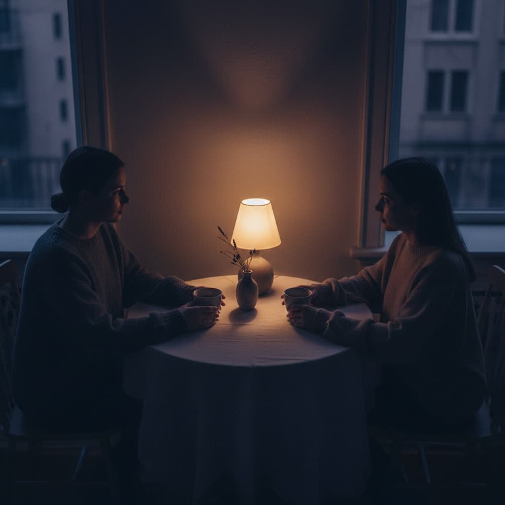 Two identical figures sitting across a small table under a single lamp — a dreamlike scene of the self facing itself